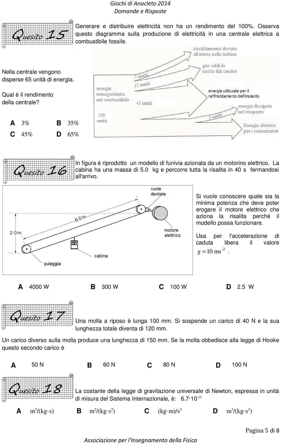 3% 35% 45% 65% Quesito 16 In figura è riprodotto un modello di funivia azionata da un motorino elettrico. La cabina ha una massa di 5.0 kg e percorre tutta la risalita in 40 s fermandosi all'arrivo.