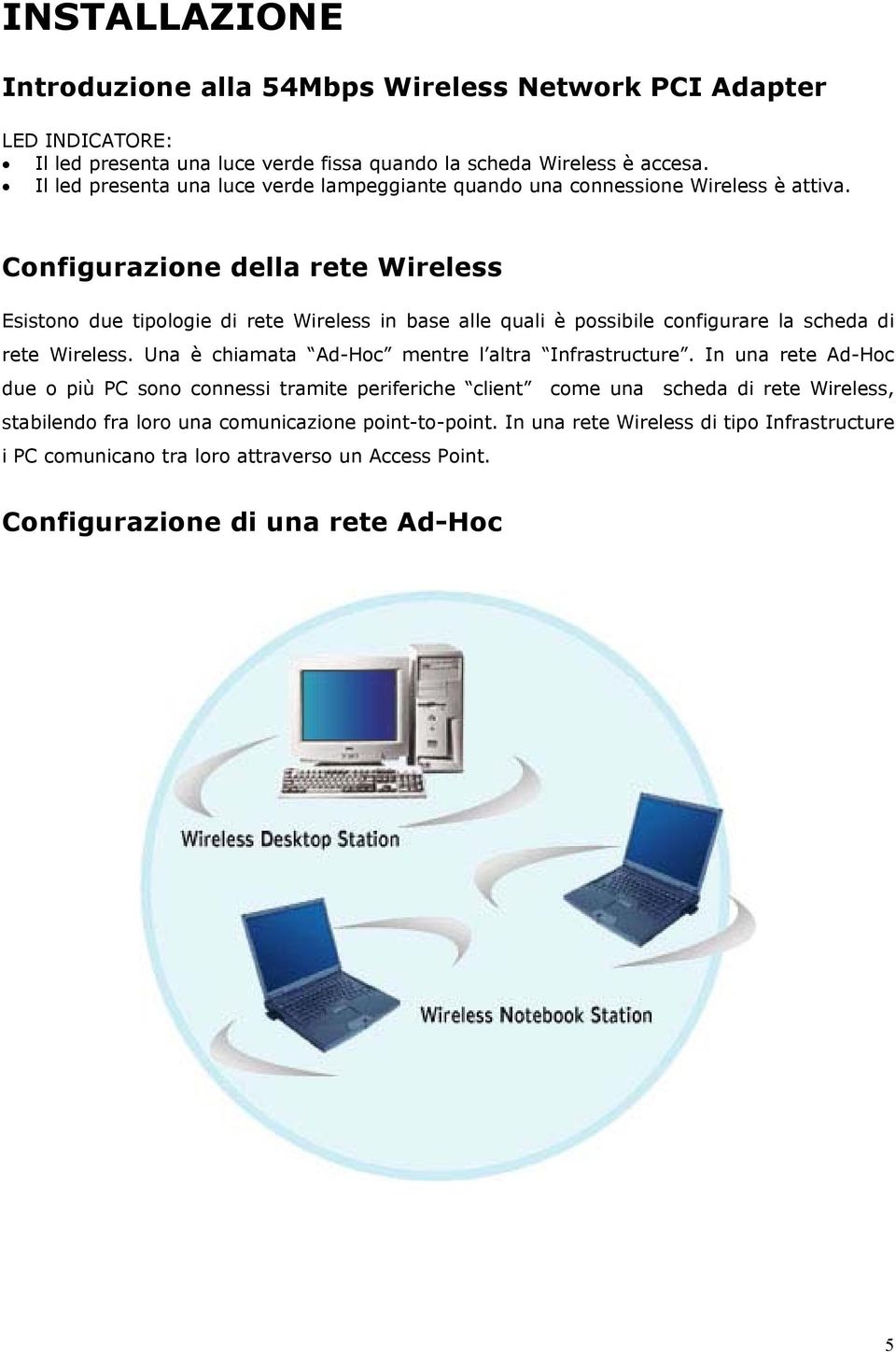 Configurazione della rete Wireless Esistono due tipologie di rete Wireless in base alle quali è possibile configurare la scheda di rete Wireless.