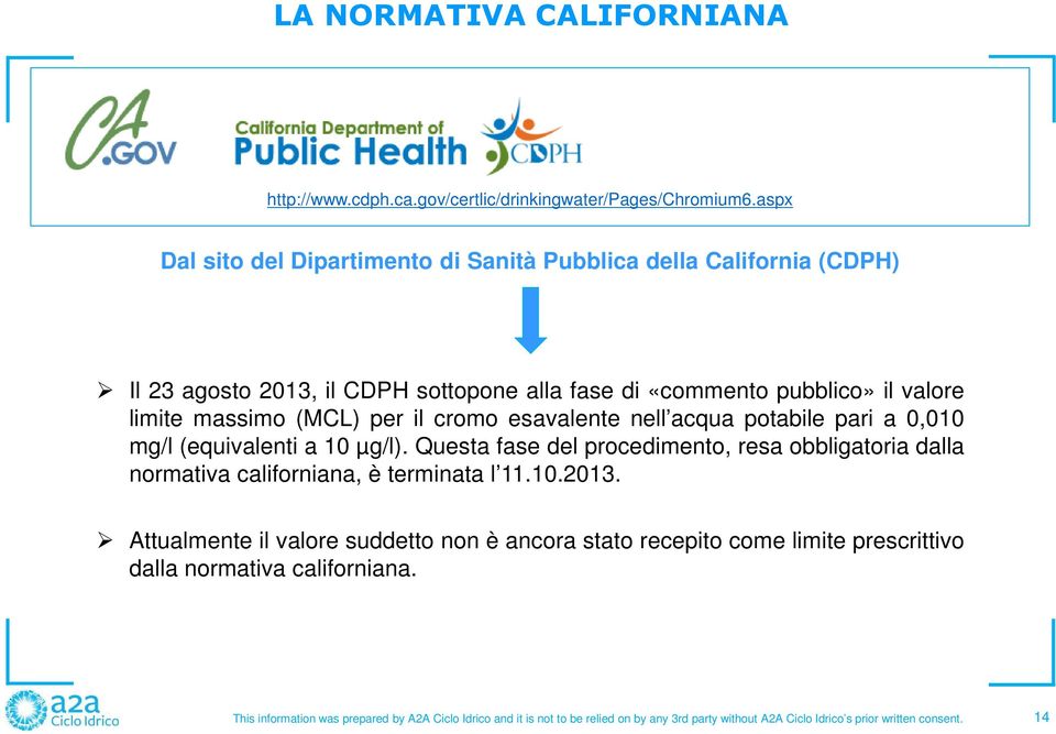 il cromo esavalente nell acqua potabile pari a 0,010 mg/l (equivalenti a 10 µg/l). Questa fase del procedimento, resa obbligatoria dalla normativa californiana, è terminata l 11.