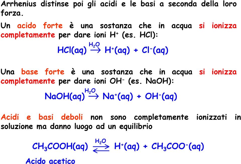 HCl): H HCl(q) O H (q) Cl - (q) Un se forte è un sostnz che in cqu si ionizz completmente per dre ioni OH