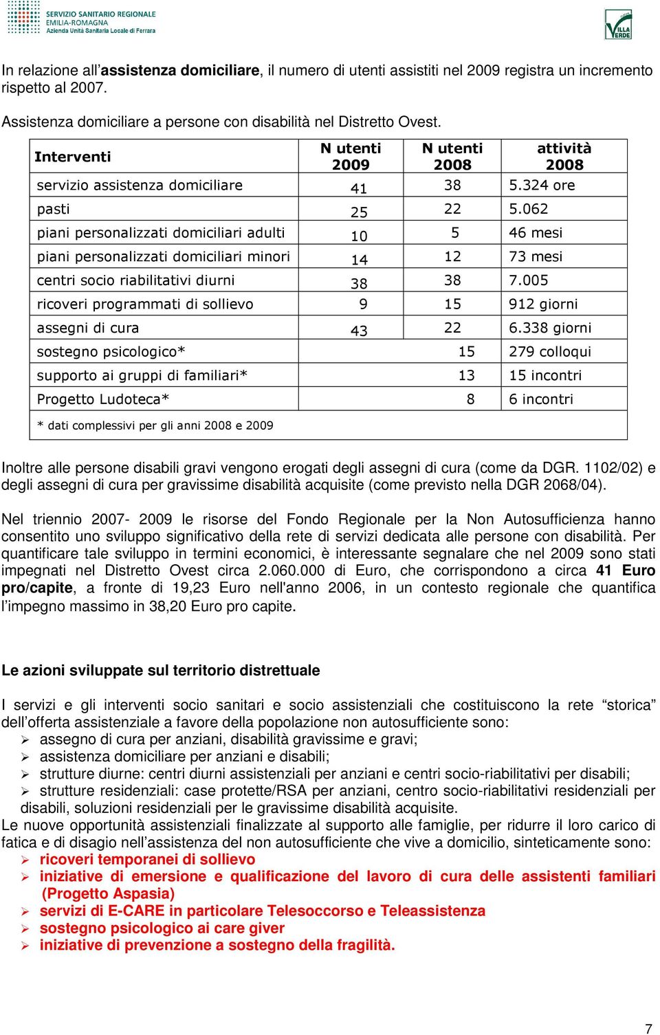 62 piani personalizzati domiciliari adulti 1 5 46 mesi piani personalizzati domiciliari minori 14 12 73 mesi centri socio riabilitativi diurni 38 38 7.