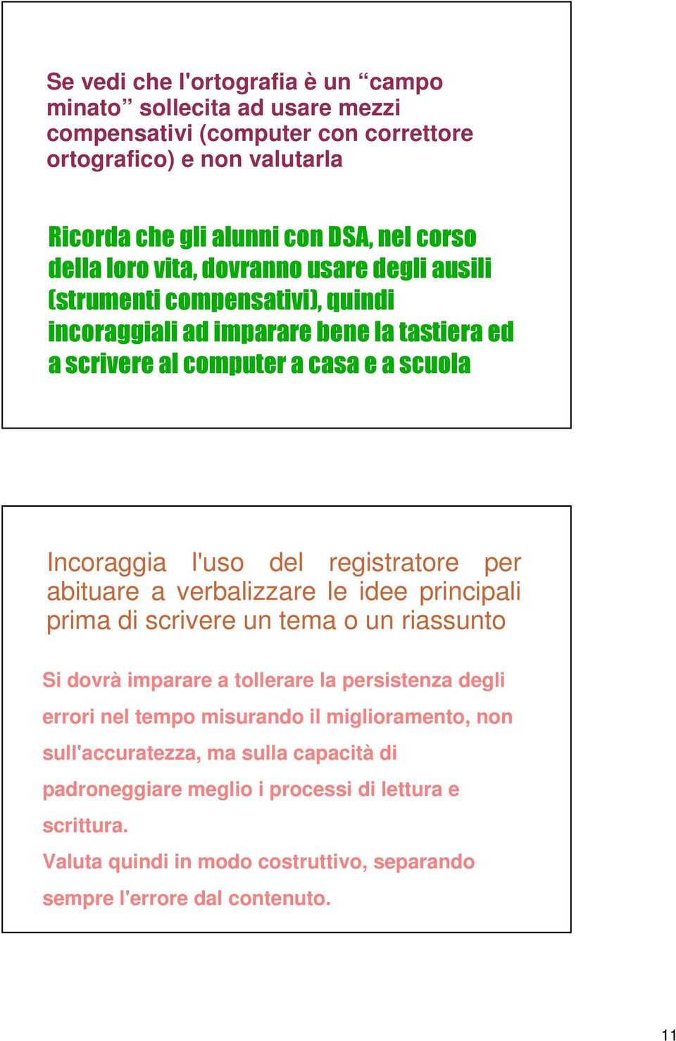 registratore per abituare a verbalizzare le idee principali prima di scrivere un tema o un riassunto Si dovrà imparare a tollerare la persistenza degli errori nel tempo misurando il