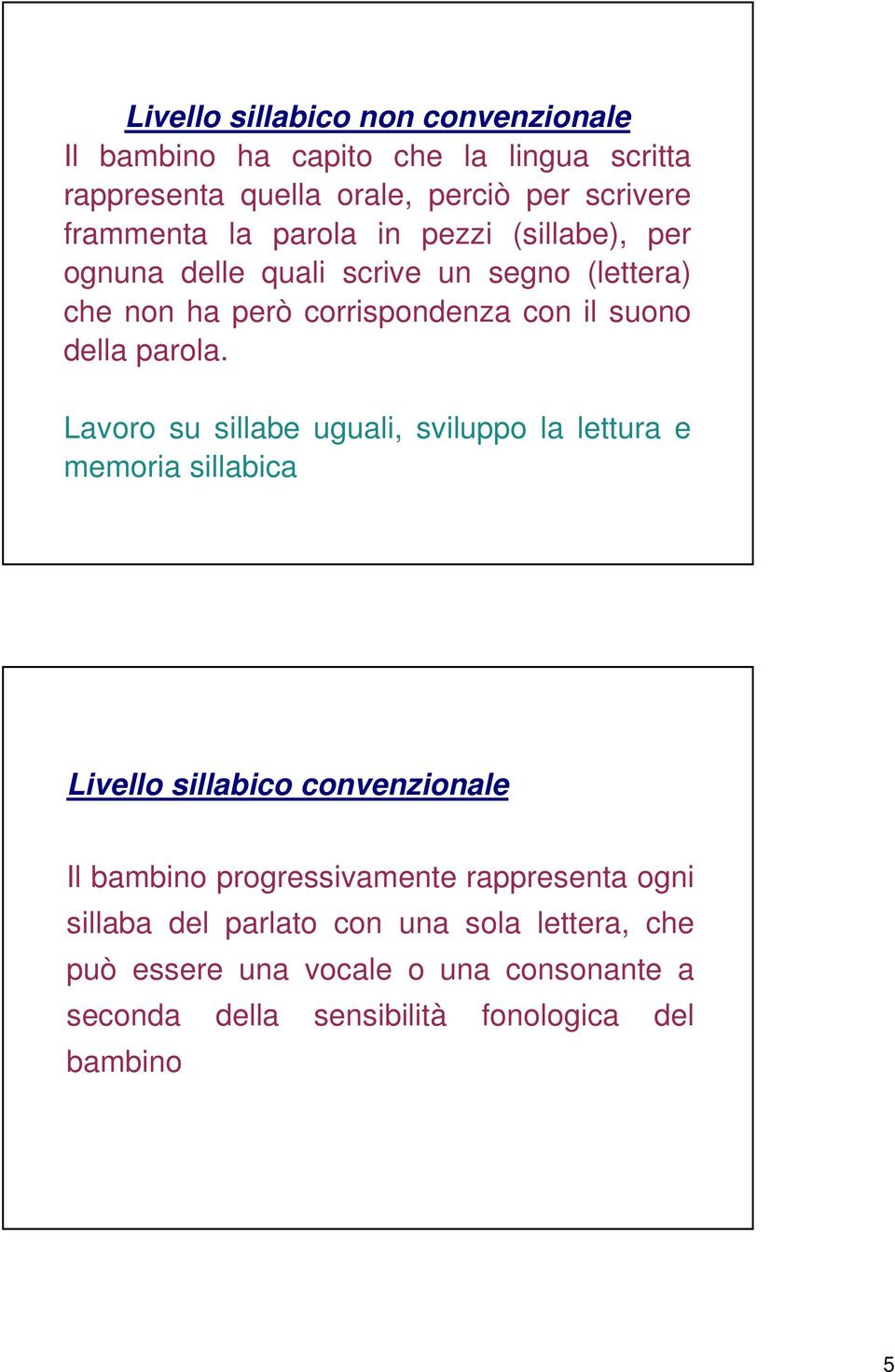 Lavoro su sillabe uguali, sviluppo la lettura e memoria sillabica Livello sillabico convenzionale Il bambino progressivamente rappresenta