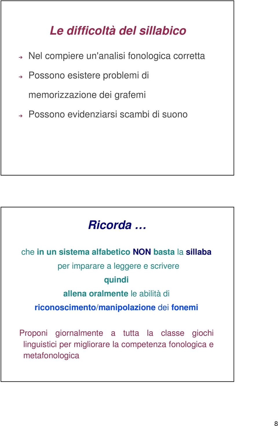 la sillaba per imparare a leggere e scrivere quindi allena oralmente le abilità di riconoscimento/manipolazione