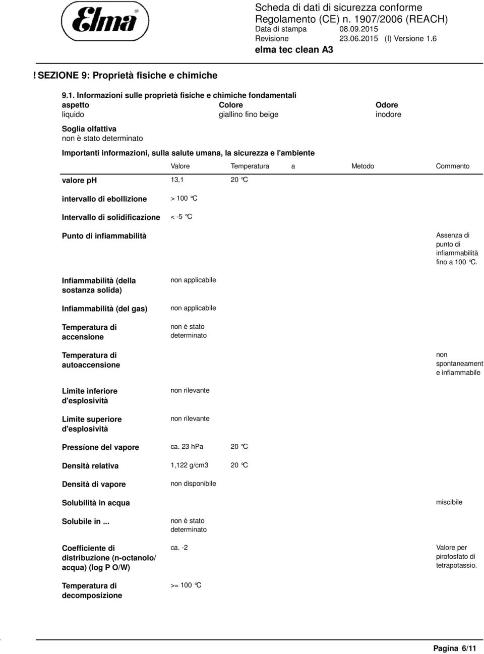 sicurezza e l'ambiente valore ph 13,1 20 C intervallo di ebollizione > 100 C Intervallo di solidificazione < -5 C Odore inodore Valore Temperatura a Metodo Commento Punto di infiammabilità Assenza di