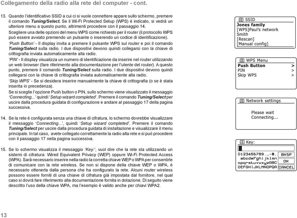 Scegliere una delle opzioni del menu WPS come richiesto per il router (il protocollo WPS può essere avviato premendo un pulsante o inserendo un codice di identificazione).