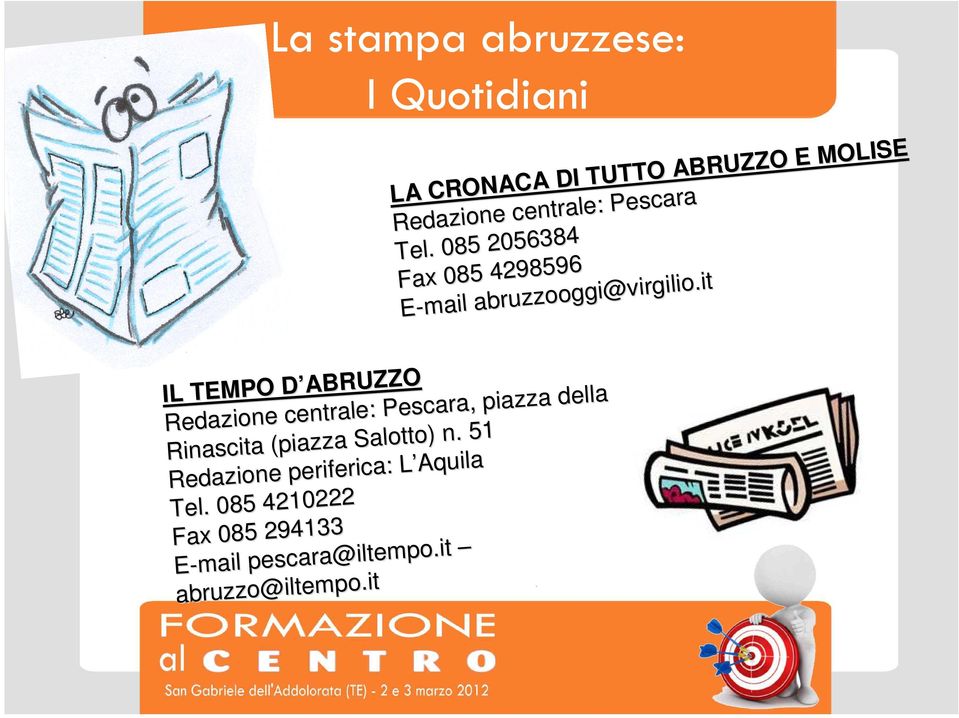 Tel. 085 085 2056384 2056384 Fax Fax 085 085 4298596 4298596 IL IL TEMPO TEMPO D ABRUZZO ABRUZZO Redazione Redazione centrale: centrale: Pescara, Pescara, piazza piazza