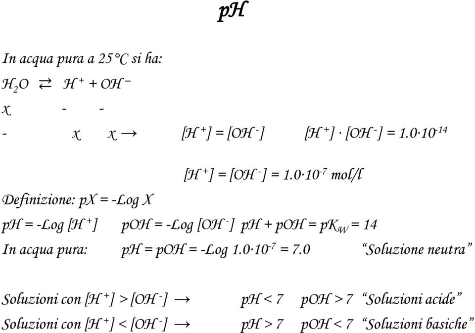 0 10-7 mol/l Definizione: px = -Log X = -Log [H + poh = -Log [OH - + poh = p W = 14