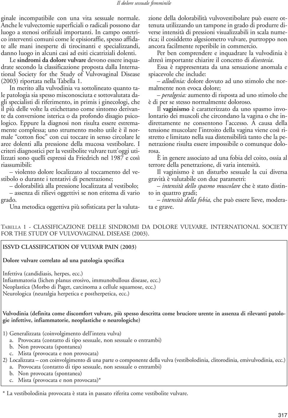 Le sindromi da dolore vulvare devono essere inquadrate secondo la classificazione proposta dalla International Society for the Study of Vulvovaginal Disease (2003) riportata nella Tabella 1.