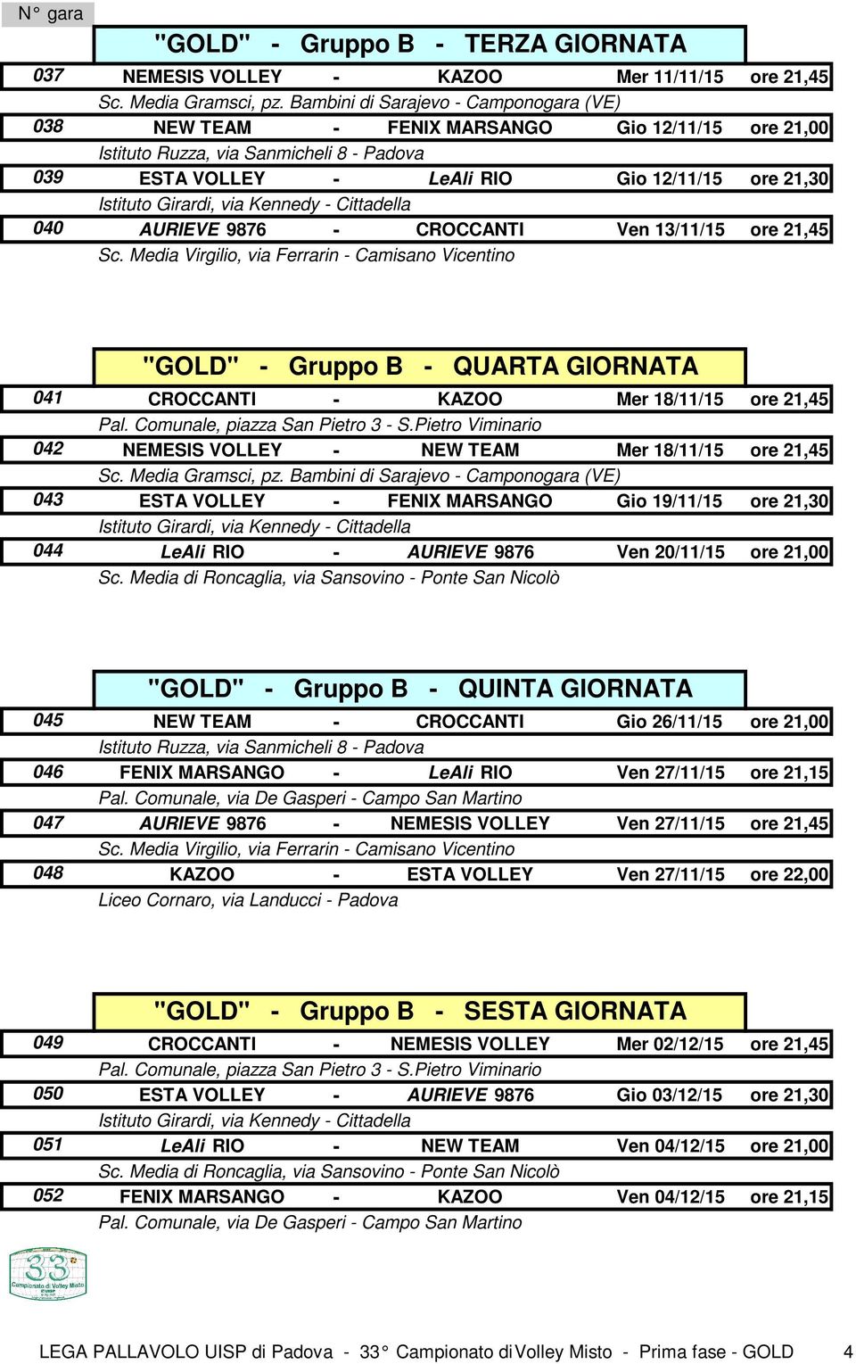 VOLLEY - FENIX MARSANGO Gio 19/11/15 ore 21,30 LeAli RIO - AURIEVE 9876 Ven 20/11/15 ore 21,00 045 046 047 048 "GOLD" - Gruppo B - QUINTA GIORNATA NEW TEAM - CROCCANTI Gio 26/11/15 ore 21,00 FENIX