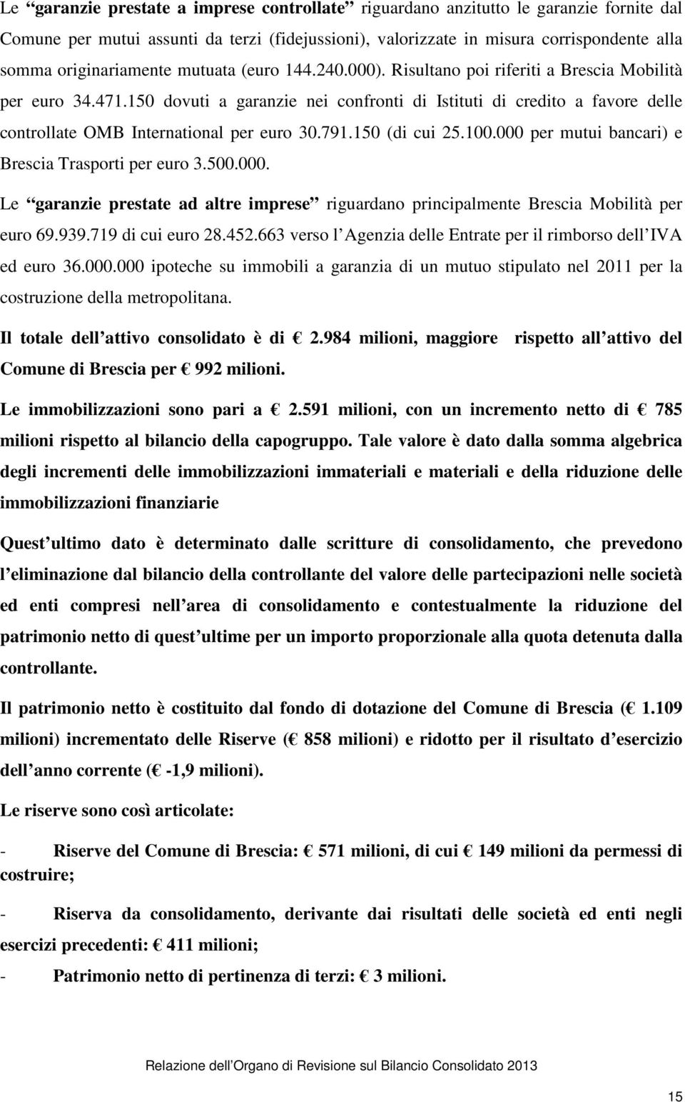 150 dovuti a garanzie nei confronti di Istituti di credito a favore delle controllate OMB International per euro 30.791.150 (di cui 25.100.000 per mutui bancari) e Brescia Trasporti per euro 3.500.