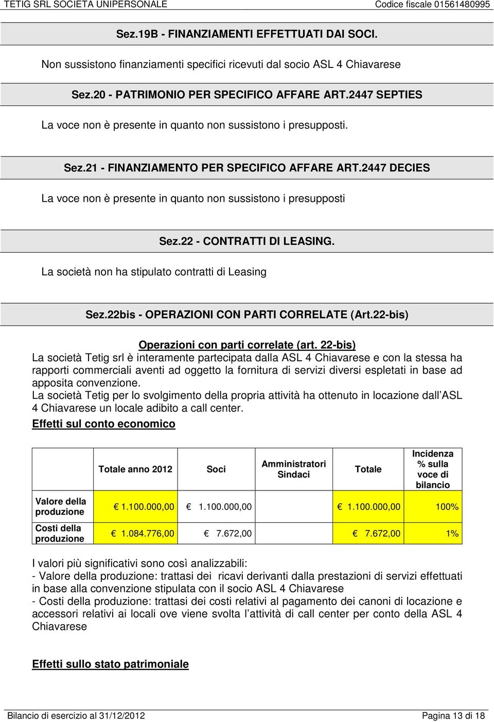 2447 DECIES La voce non è presente in quanto non sussistono i presupposti Sez.22 - CONTRATTI DI LEASING. La società non ha stipulato contratti di Leasing Sez.