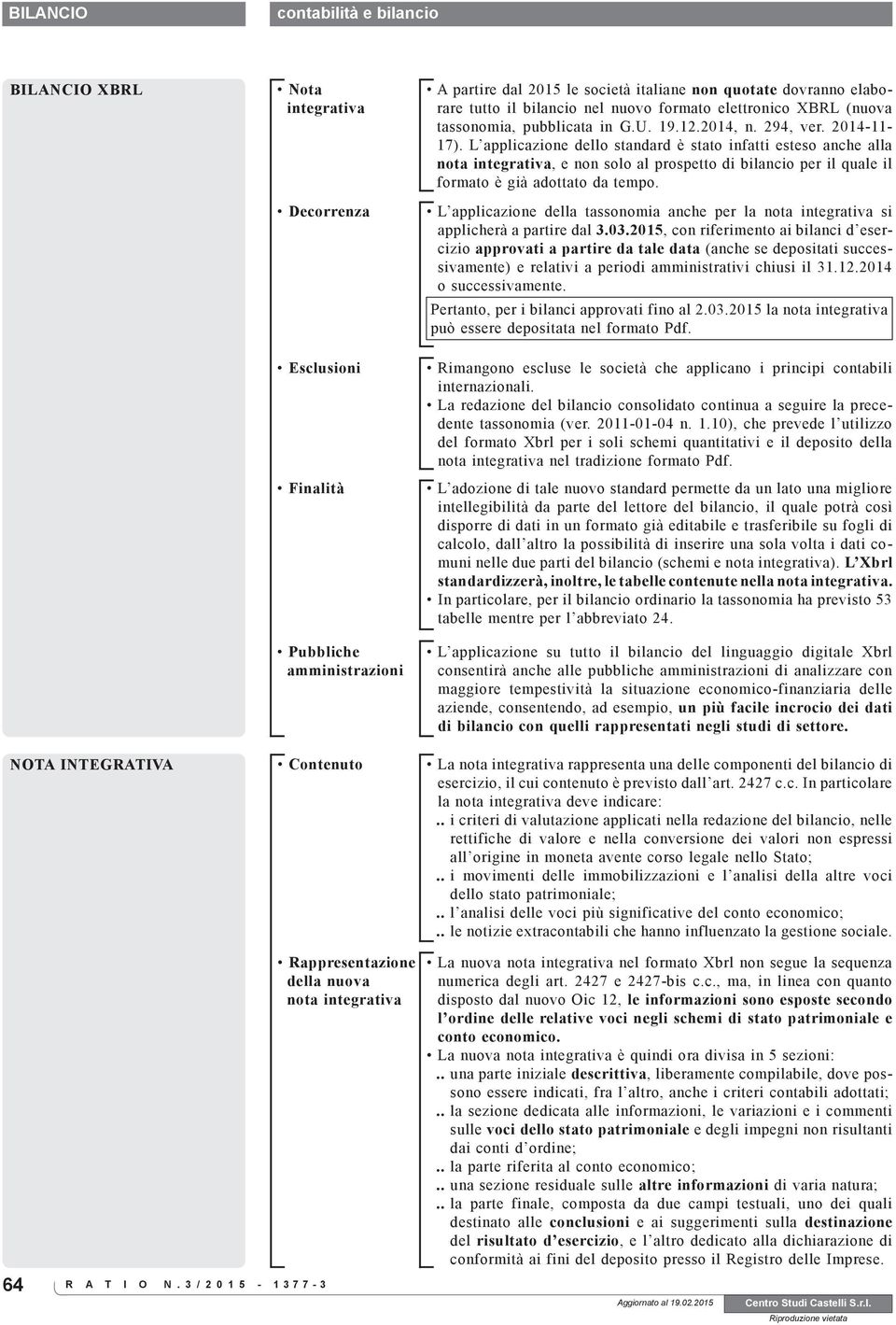 L applicazione dello standard è stato infatti esteso anche alla nota integrativa, e non solo al prospetto di bilancio per il quale il formato è già adottato da tempo.