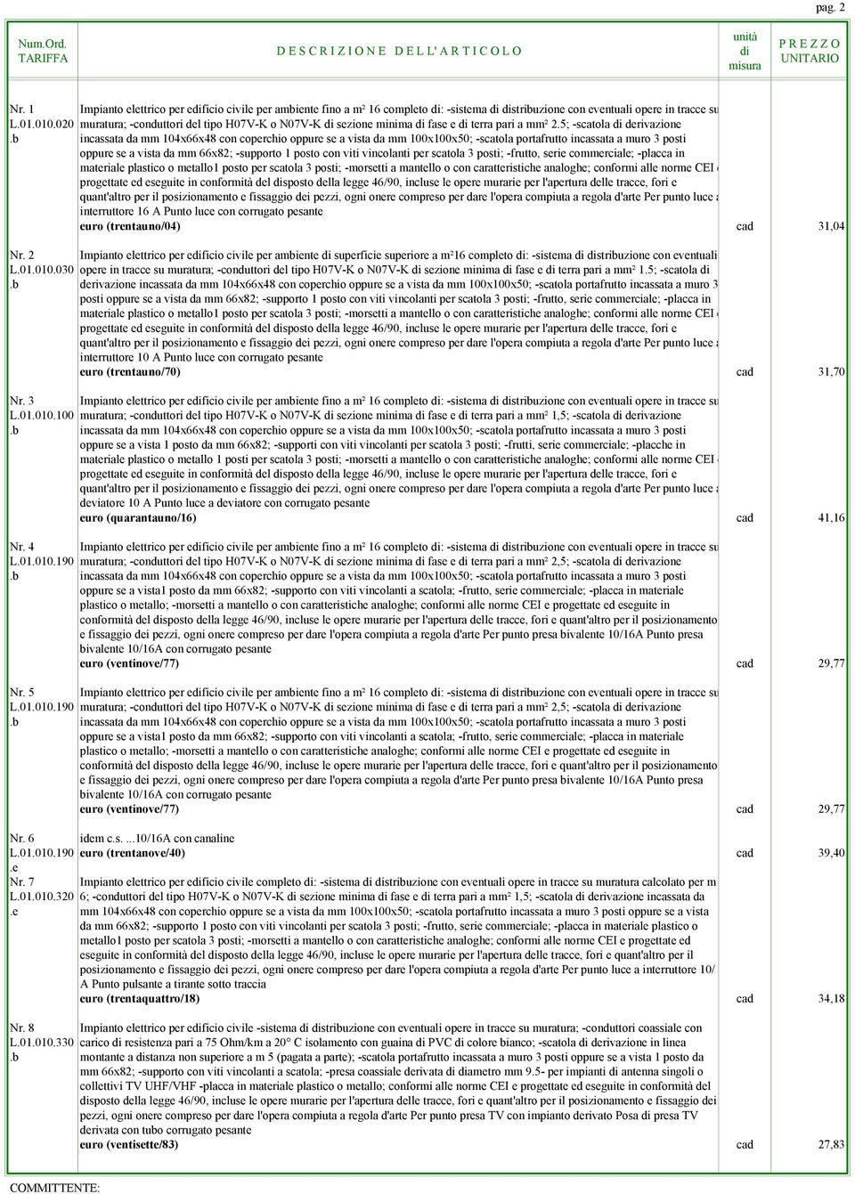 5; -scatola derivazione oppure se a vista da mm 66x82; -supporto 1 posto con viti vincolanti per scatola 3 posti; -frutto, serie commerciale; -placca in materiale plastico o metallo1 posto per