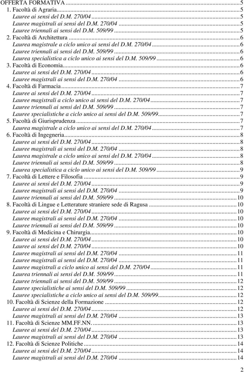 Facoltà di Economia...6 Lauree ai sensi del D.M. 270/04...6 Lauree magistrali ai sensi del D.M. 270/04...6 4. Facoltà di Farmacia...7 Lauree ai sensi del D.M. 270/04...7 Lauree magistrali a ciclo unico ai sensi del D.