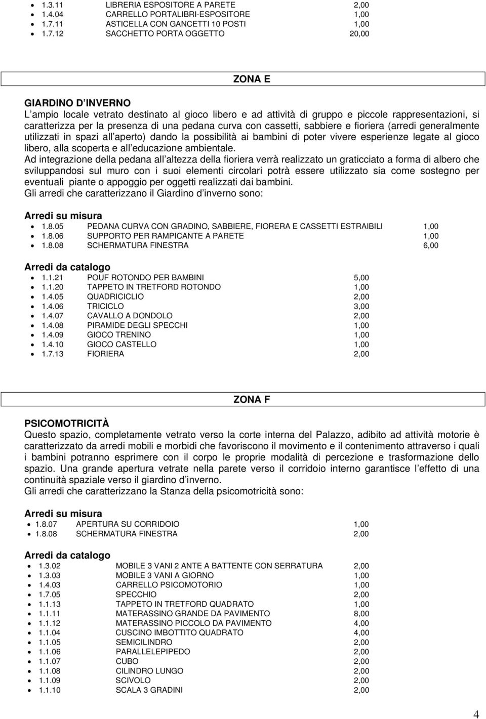 12 SACCHETTO PORTA OGGETTO 20,00 ZONA E GIARDINO D INVERNO L ampio locale vetrato destinato al gioco libero e ad attività di gruppo e piccole rappresentazioni, si caratterizza per la presenza di una