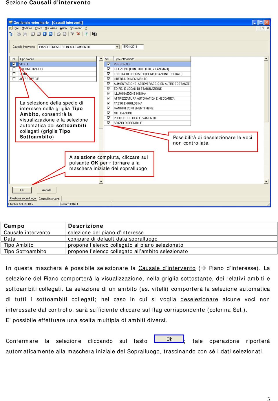 A selezione compiuta, cliccare sul pulsante OK per ritornare alla maschera iniziale del sopralluogo Campo Causale intervento Data Tipo Ambito Tipo Sottoambito selezione del piano d interesse compare