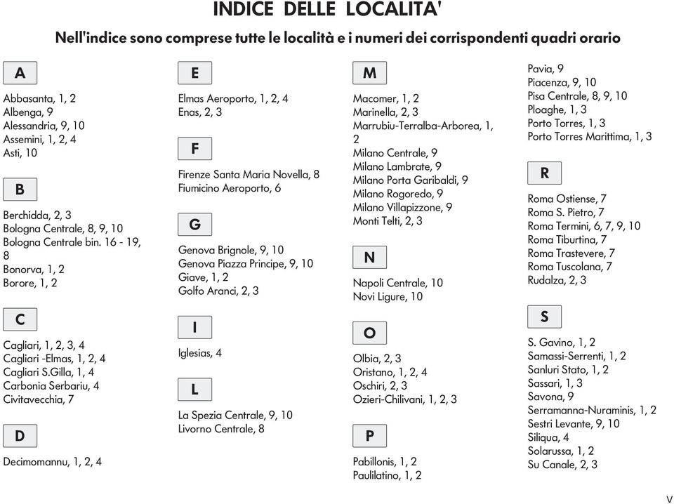 Fiumicin Aerprt, 6 G Genv Brignle, 9, 0 Genv Pizz Principe, 9, 0 Give,, 2 Glf Arnci, 2, 3 I Iglesis, 4 Spezi entrle, 9, 0 ivrn entrle, 8 M Mcmer,, 2 Mrinell, 2, 3 Mrrubiu-Terrlb-Arbre,, 2 Miln