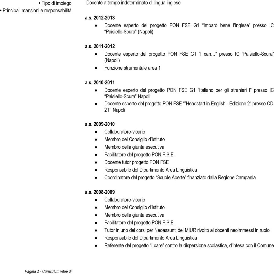 Napoli a.s. 2009-2010 Collaboratore-vicario Membro della giunta esecutiva Facilitatore del progetto PON F.S.E.