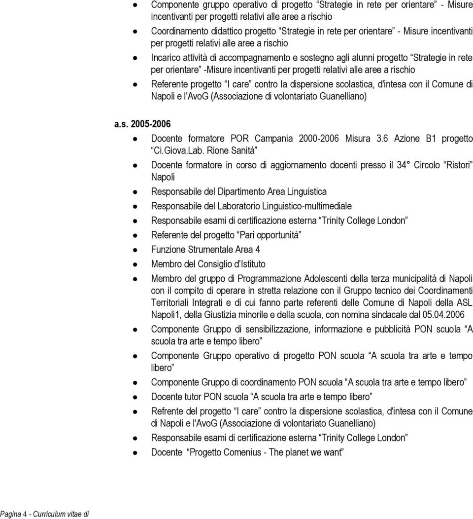 progetti relativi alle aree a rischio Referente progetto I care contro la dispersione scolastica, d'intesa con il Comune di Napoli e l'avog (Associazione di volontariato Guanelliano) a.s. 2005-2006 Docente formatore POR Campania 2000-2006 Misura 3.