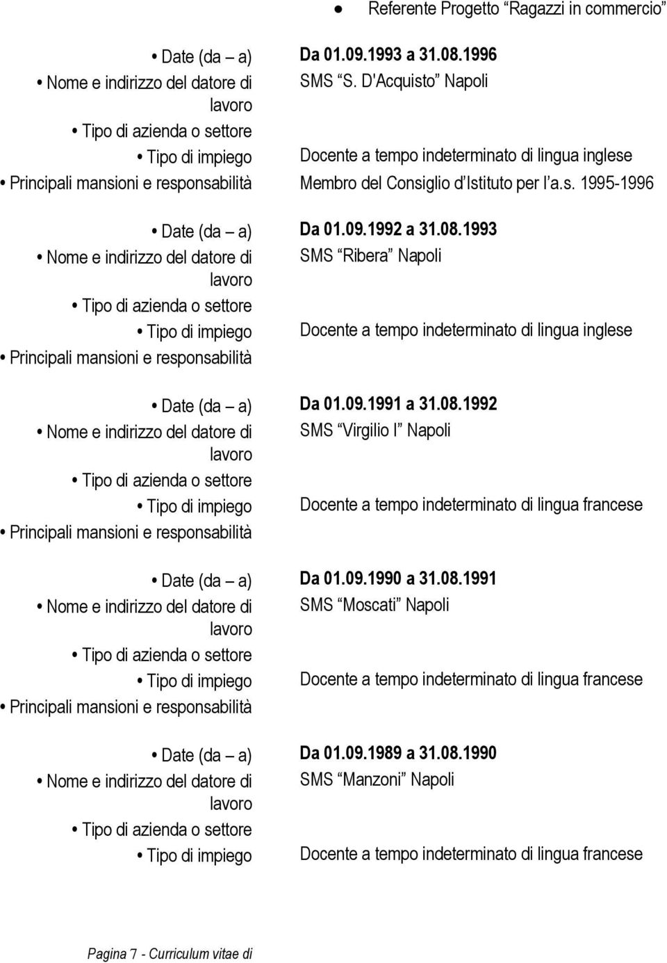 1993 Nome e indirizzo del datore di SMS Ribera Napoli Tipo di impiego Docente a tempo indeterminato di lingua inglese Date (da a) Da 01.09.1991 a 31.08.