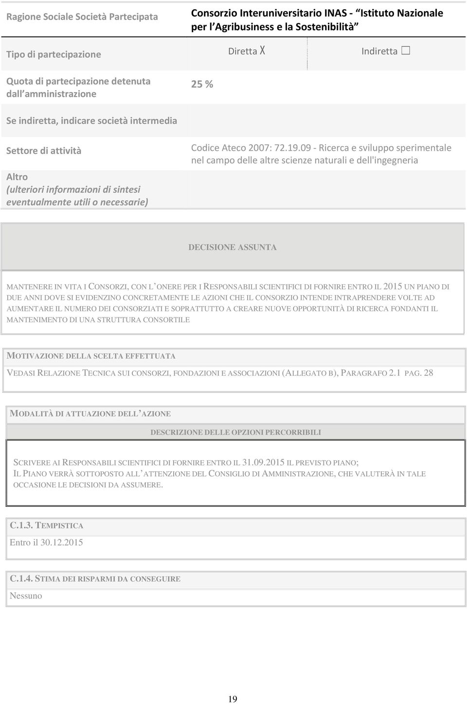 09 Ricerca e sviluppo sperimentale nel campo delle altre scienze naturali e dell'ingegneria DECISIONE ASSUNTA MANTENERE IN VITA I CONSORZI, CON L ONERE PER I RESPONSABILI SCIENTIFICI DI FORNIRE ENTRO