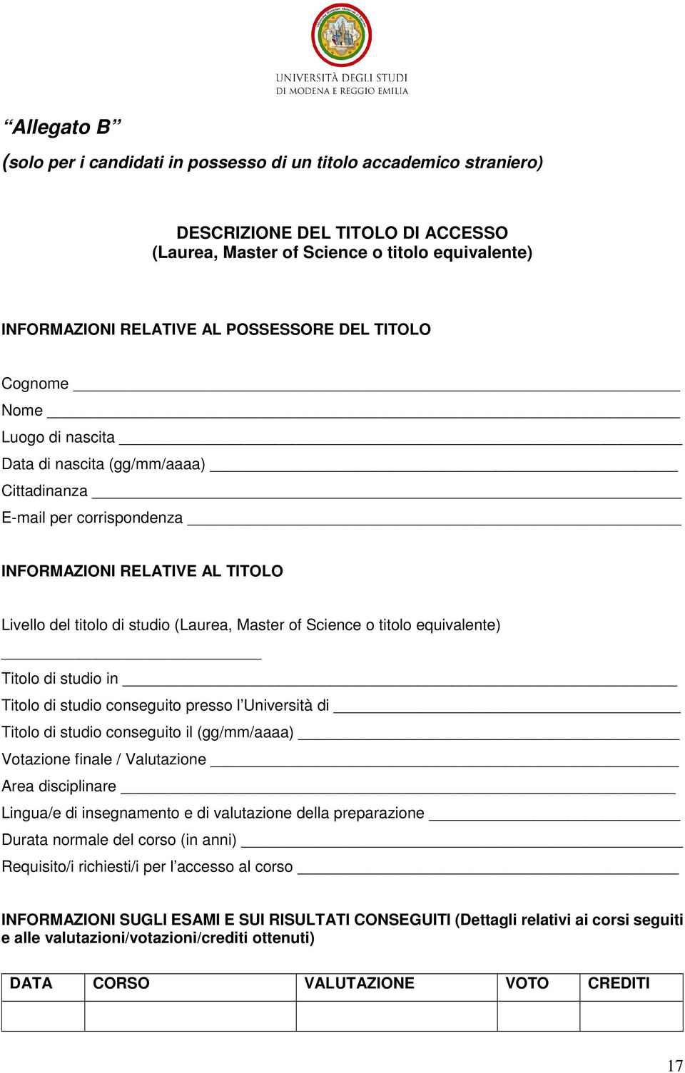 titolo equivalente) Titolo di studio in Titolo di studio conseguito presso l Università di Titolo di studio conseguito il (gg/mm/aaaa) Votazione finale / Valutazione Area disciplinare Lingua/e di