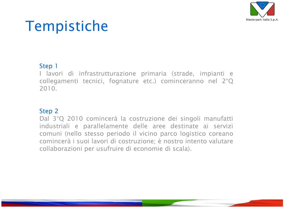 Step 2 Dal 3 Q 2010 comincerà la costruzione dei singoli manufatti industriali e parallelamente delle aree