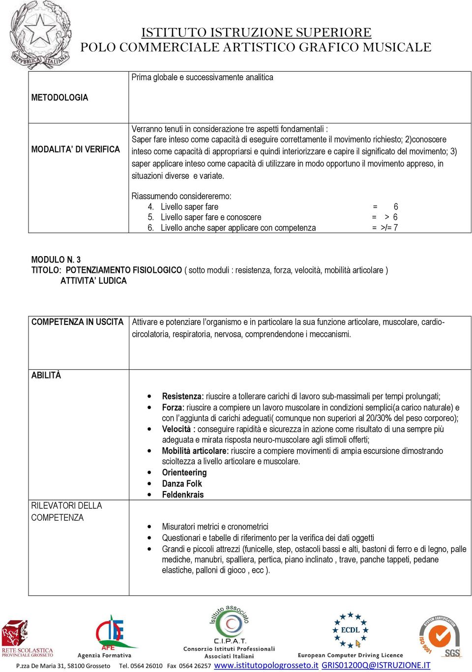 opportuno il movimento appreso, in situazioni diverse e variate. Riassumendo considereremo: 4. Livello saper fare = 6 5. Livello saper fare e conoscere = > 6 6.