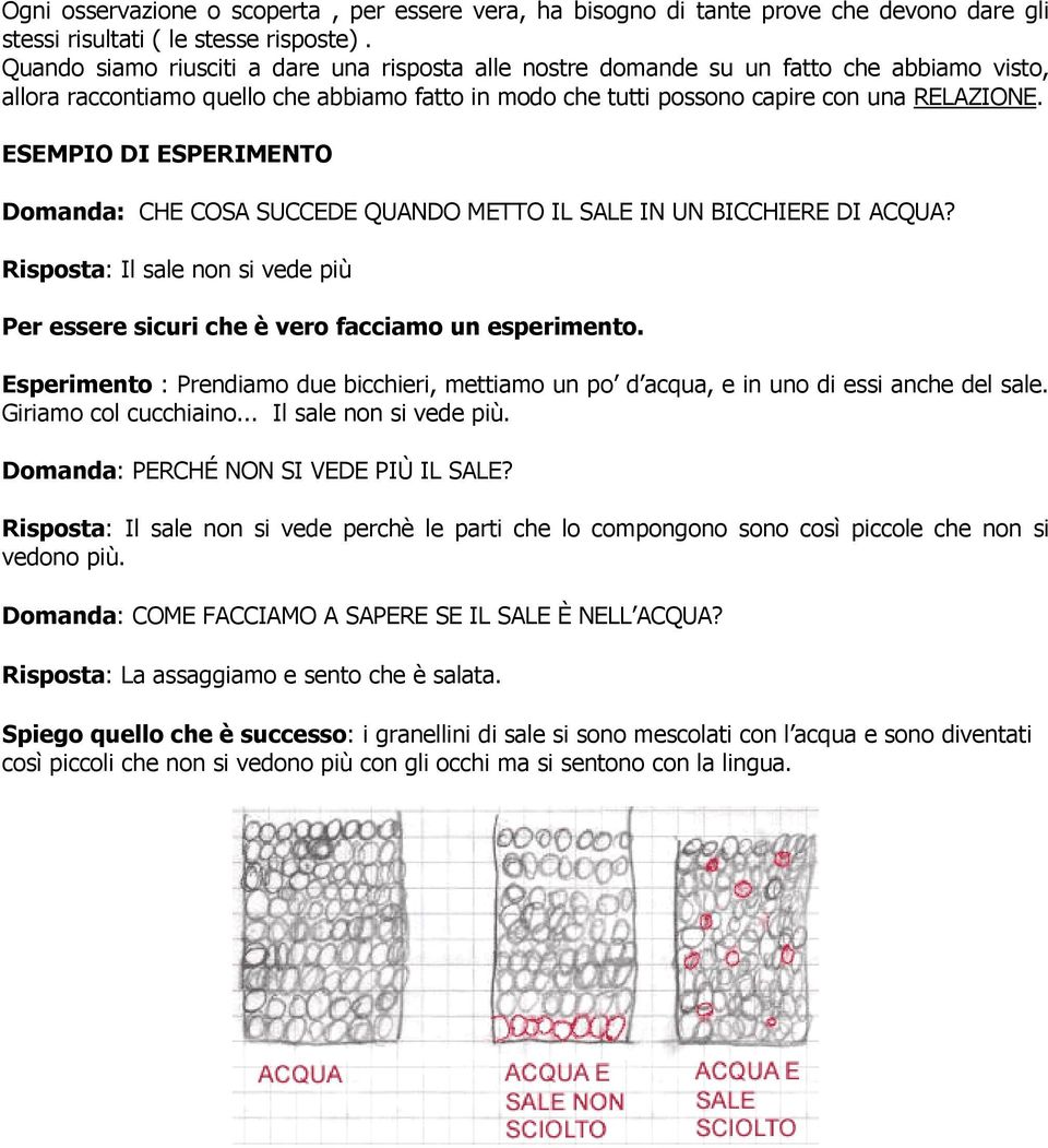 ESEMPIO DI ESPERIMENTO Domanda: CHE COSA SUCCEDE QUANDO METTO IL SALE IN UN BICCHIERE DI ACQUA? Risposta: Il sale non si vede più Per essere sicuri che è vero facciamo un esperimento.