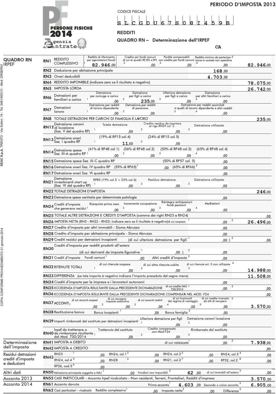 Detrazioni per familiari a carico Detrazioni lavoro RN TOTALE DETRAZIONI PER RICHI DI FAMIGLIA E LAVORO Detrazione canoni di locazione (Sez. V del quadro RP) RN Detrazione oneri Sez.