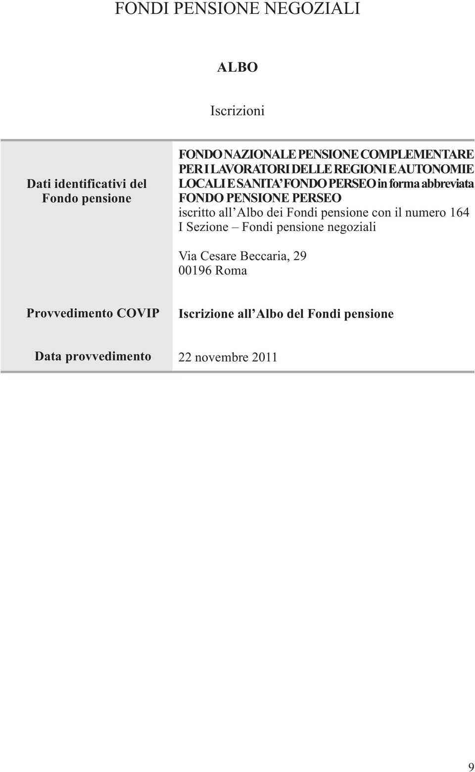 iscritto all Albo dei Fondi pensione con il numero 164 I Sezione Fondi pensione negoziali Via Cesare