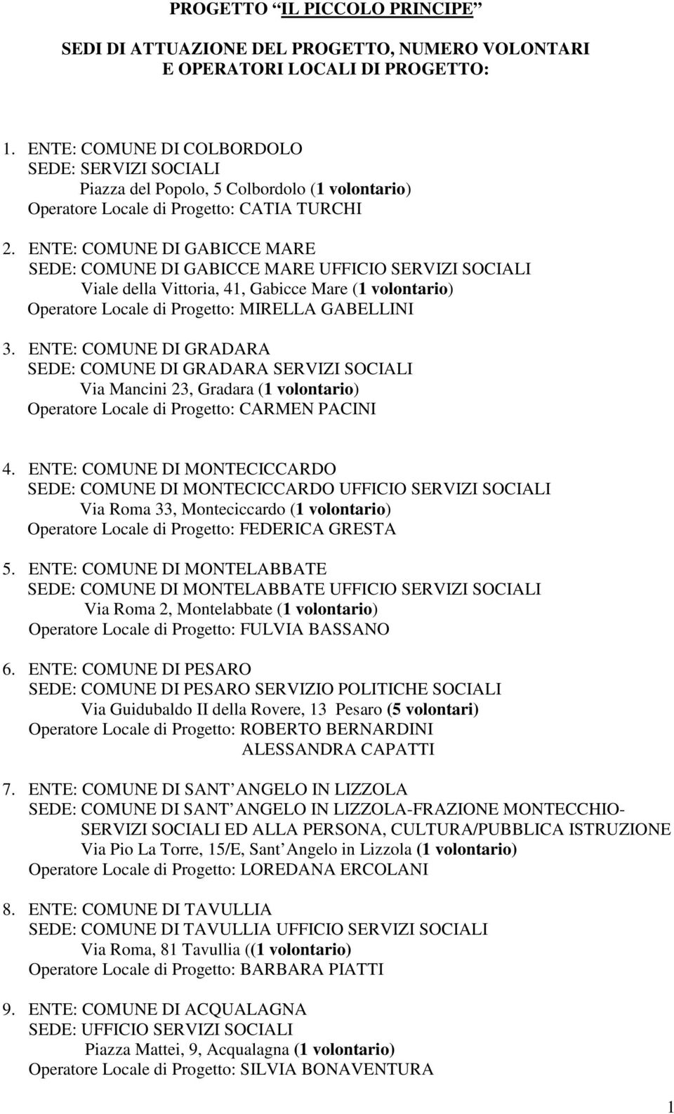 ENTE: COMUNE DI GRADARA SEDE: COMUNE DI GRADARA SERVIZI SOCIALI Via Mancini 23, Gradara (1 volontario) Operatore Locale di Progetto: CARMEN PACINI 4.