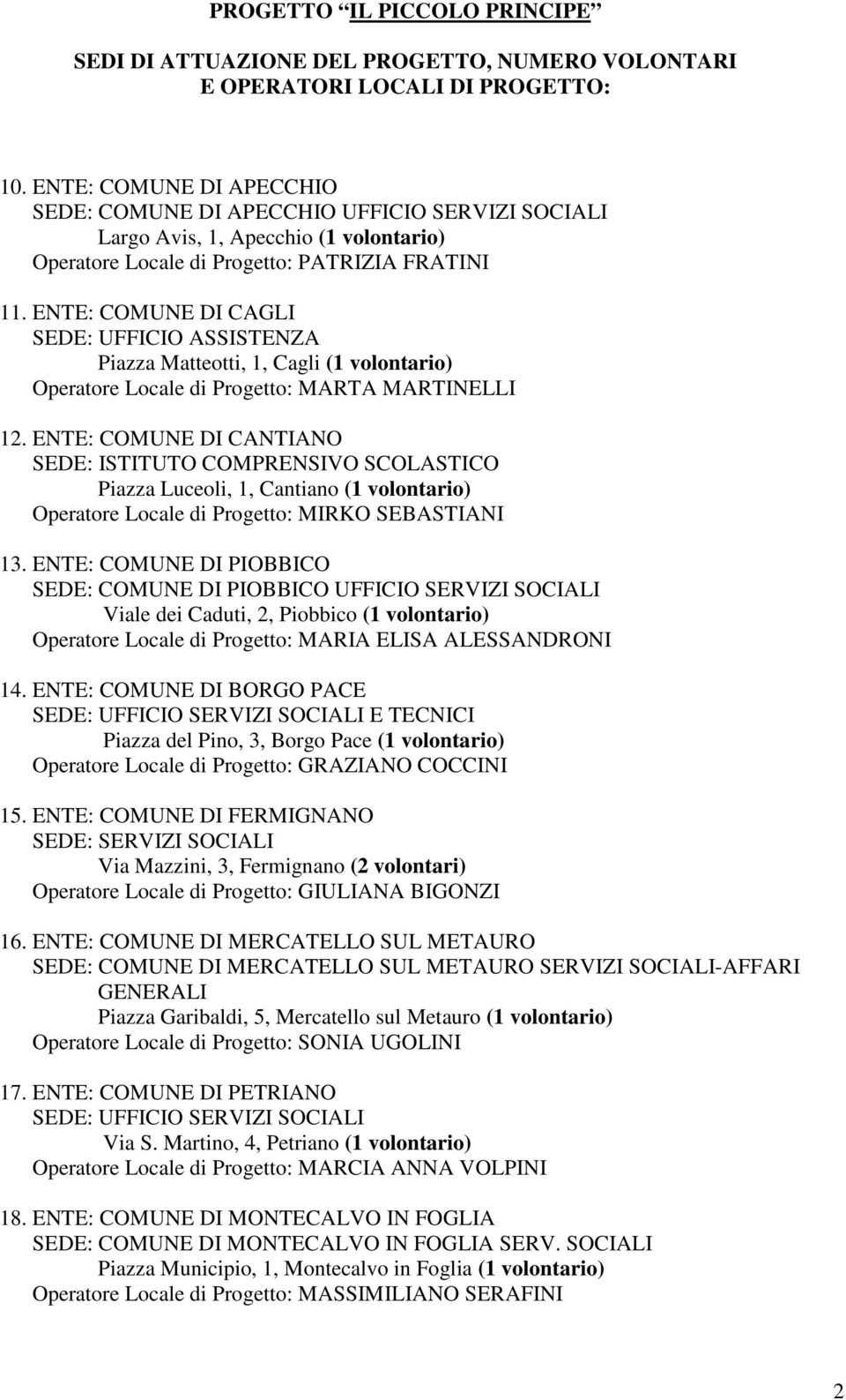 ENTE: COMUNE DI CANTIANO SEDE: ISTITUTO COMPRENSIVO SCOLASTICO Piazza Luceoli, 1, Cantiano (1 volontario) Operatore Locale di Progetto: MIRKO SEBASTIANI 13.