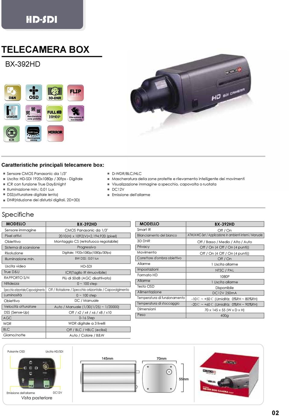 : 0,01 Lux DSS(otturatore digitale lento) DNR(riduzione dei disturbi digitali, 2D+3D) D-WDR/BLC/HLC Mascheratura della zone protette e rilevamento intelligente dei movimenti Visualizzazione immagine