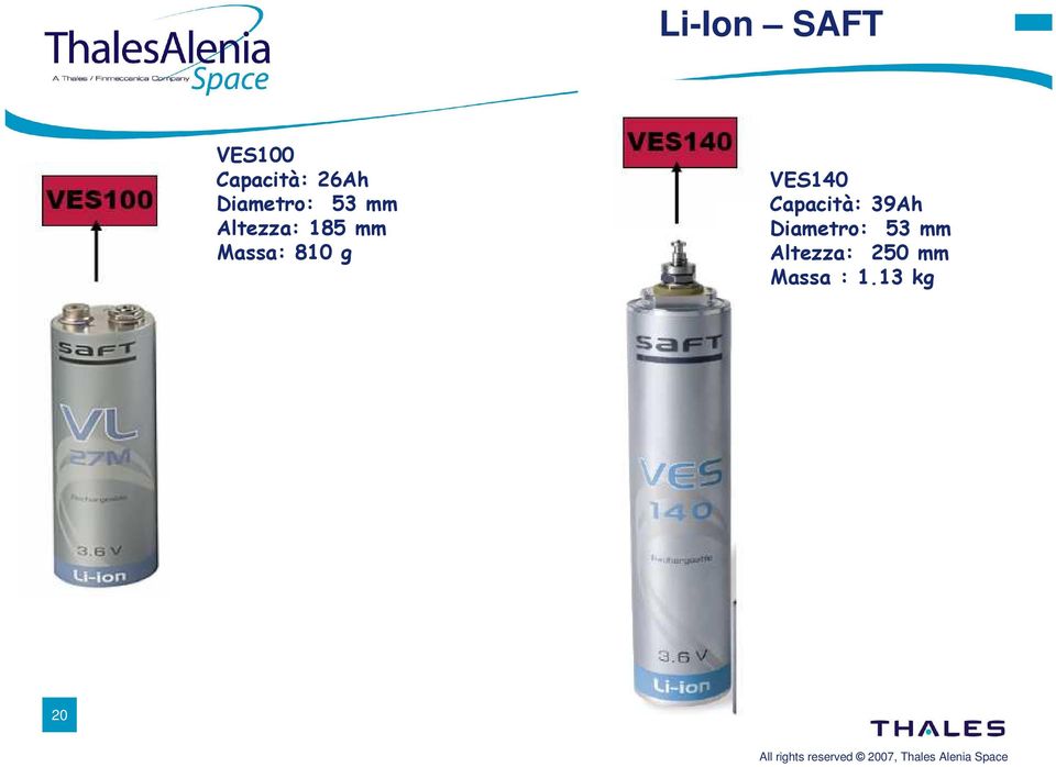 Massa: 810 g VES140 Capacità: 39Ah