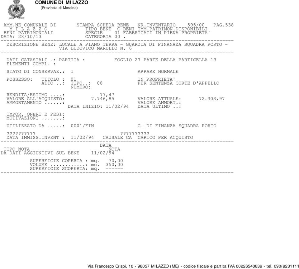 : PARTITA : FOGLIO 27 PARTE DELLA PARTICELLA 13 STATO DI CONSERVAZ.: 1 APPARE NORMALE ATTO..: TIPO.