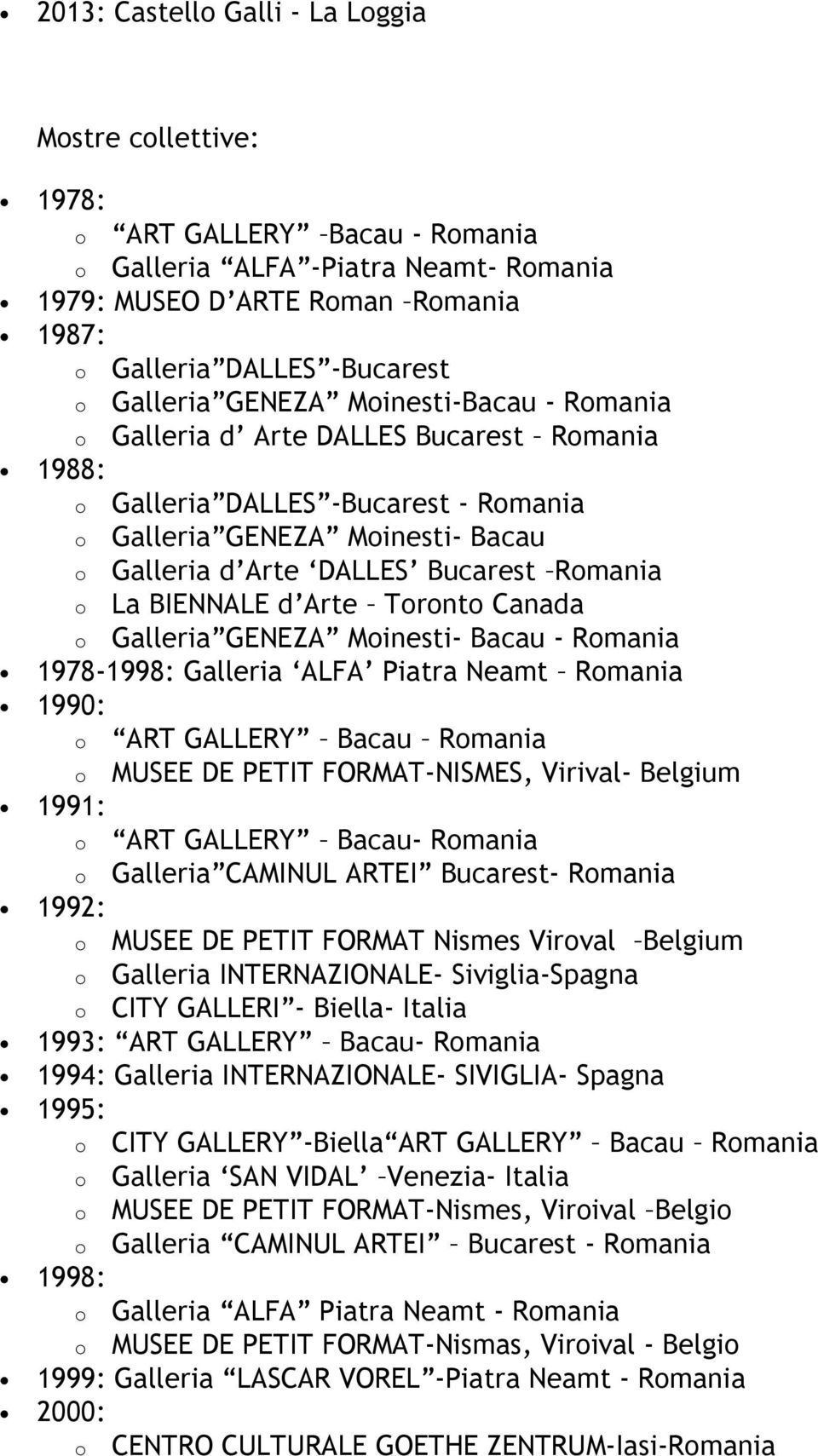 Romania o La BIENNALE d Arte Toronto Canada o Galleria GENEZA Moinesti- Bacau - Romania 1978-1998: Galleria ALFA Piatra Neamt Romania 1990: o ART GALLERY Bacau Romania o MUSEE DE PETIT FORMAT-NISMES,