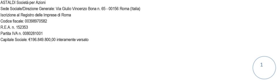 65-00156 Roma (Italia) Iscrizione al Registro delle Imprese di Roma