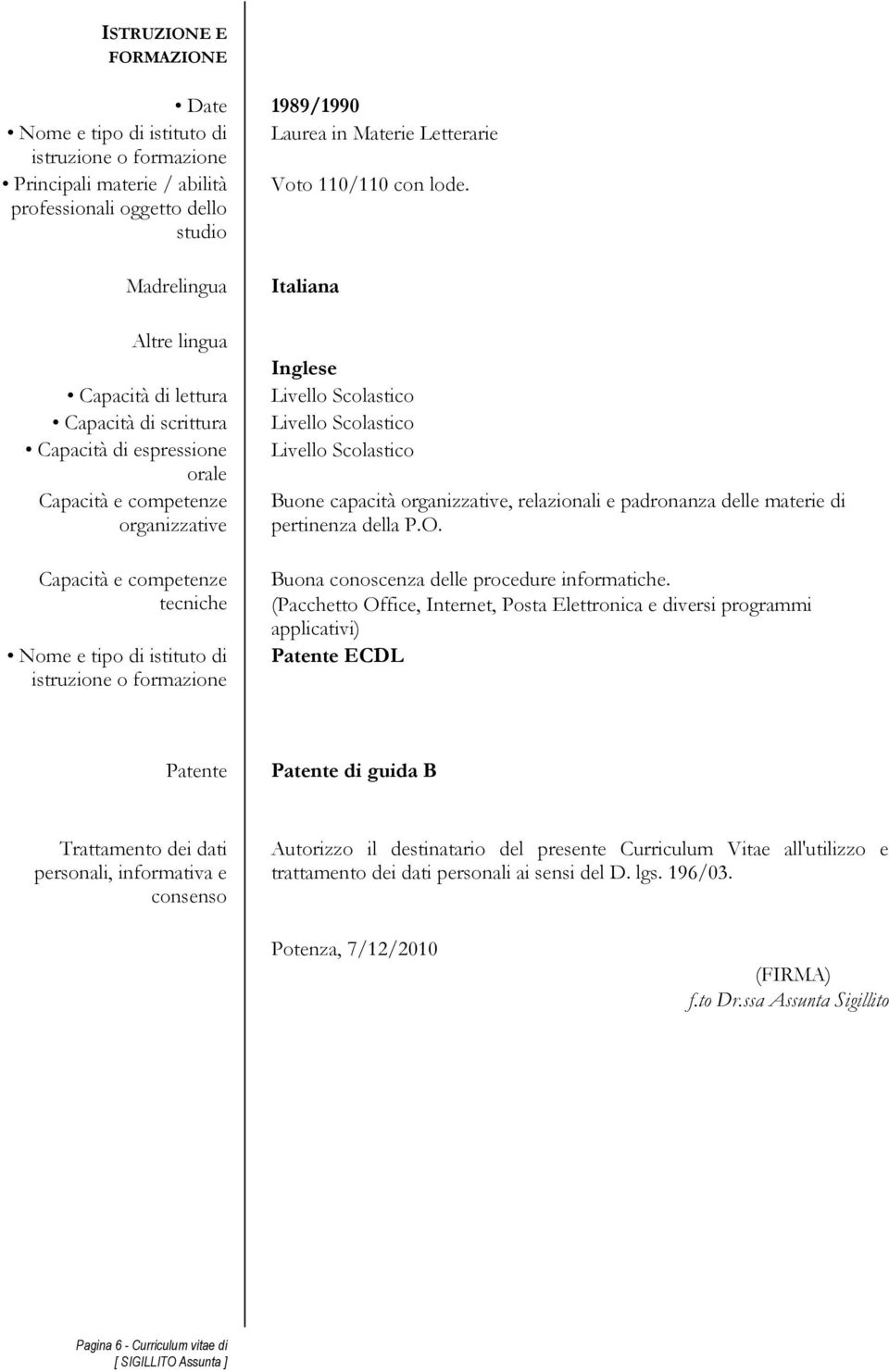 Livello Scolastico Livello Scolastico Buone capacità organizzative, relazionali e padronanza delle materie di pertinenza della P.O. Buona conoscenza delle procedure informatiche.