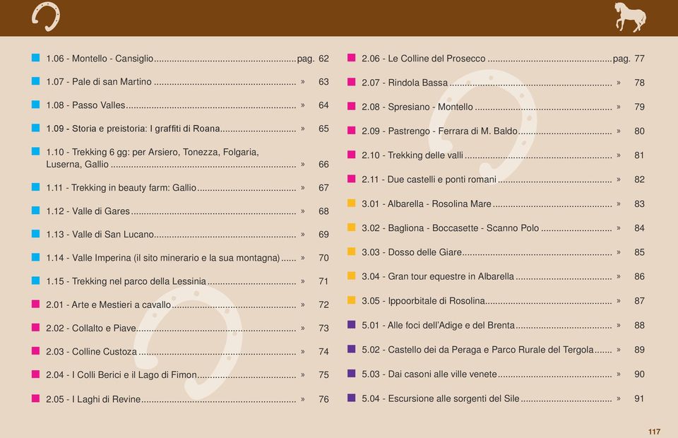 14 - Valle Imperina (il sito minerario e la sua montagna)...» 70 1.15 - Trekking nel parco della Lessinia...» 71 2.01 - Arte e Mestieri a cavallo...» 72 2.02 - Collalto e Piave...» 73 2.