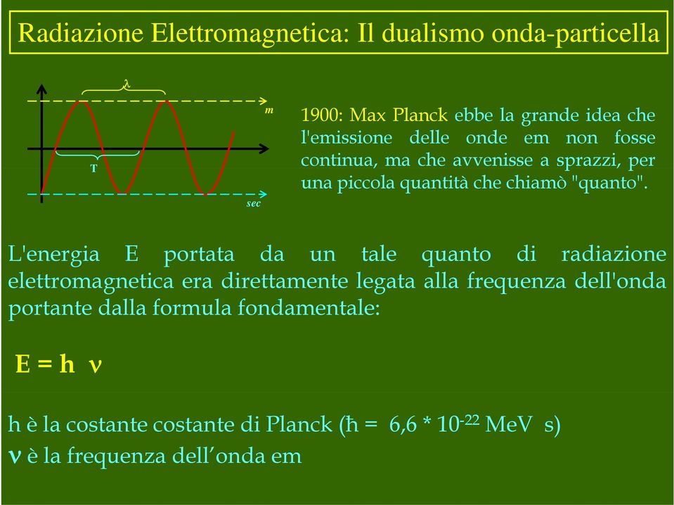 sec L'energia E portata da un tale quanto di radiazione elettromagnetica era direttamente legata alla frequenza dell'onda