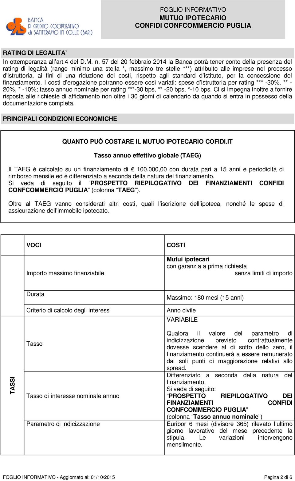 fini di una riduzione dei costi, rispetto agli standard d istituto, per la concessione del finanziamento.