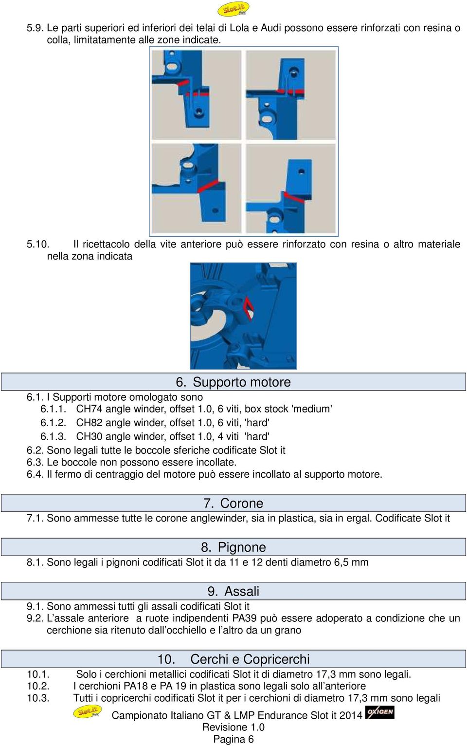 0, 6 viti, box stock 'medium' 6.1.2. CH82 angle winder, offset 1.0, 6 viti, 'hard' 6.1.3. CH30 angle winder, offset 1.0, 4 viti 'hard' 6.2. Sono legali tutte le boccole sferiche codificate Slot it 6.