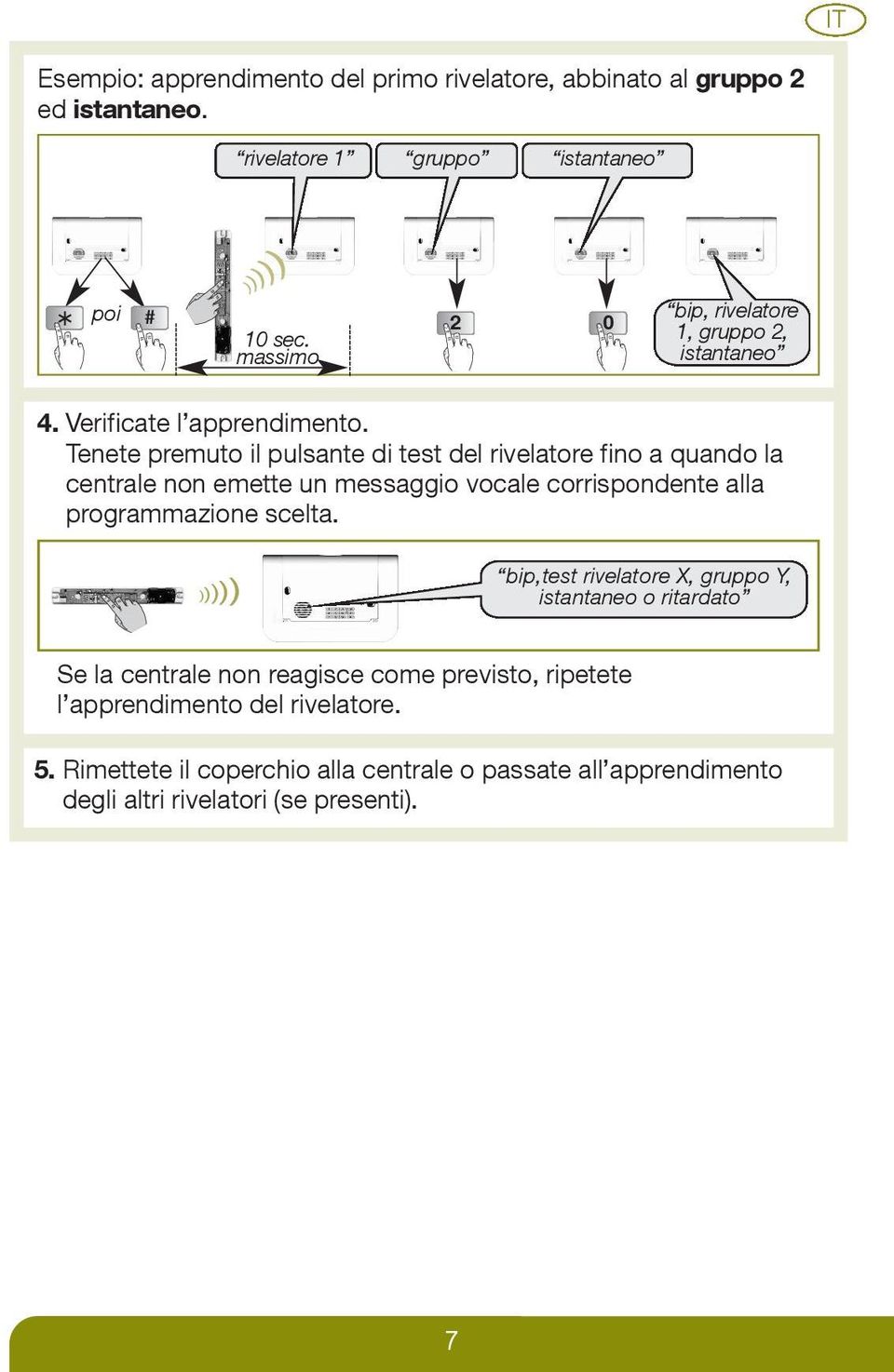 Tenete premuto il pulsante di test del rivelatore fino a quando la centrale non emette un messaggio vocale corrispondente alla programmazione scelta.