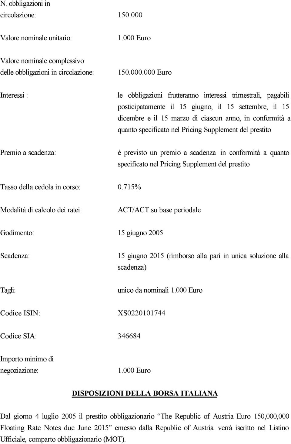 Euro Valore nominale complessivo delle obbligazioni in circolazione: 150.000.