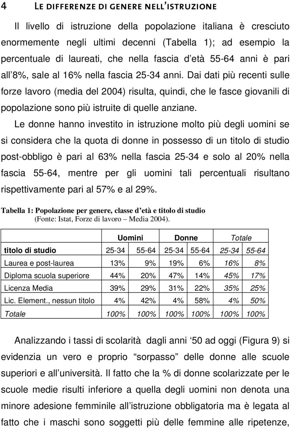 ai dati più recenti sulle forze lavoro (media del 2004) risulta, quindi, che le fasce giovanili di popolazione sono più istruite di quelle anziane.