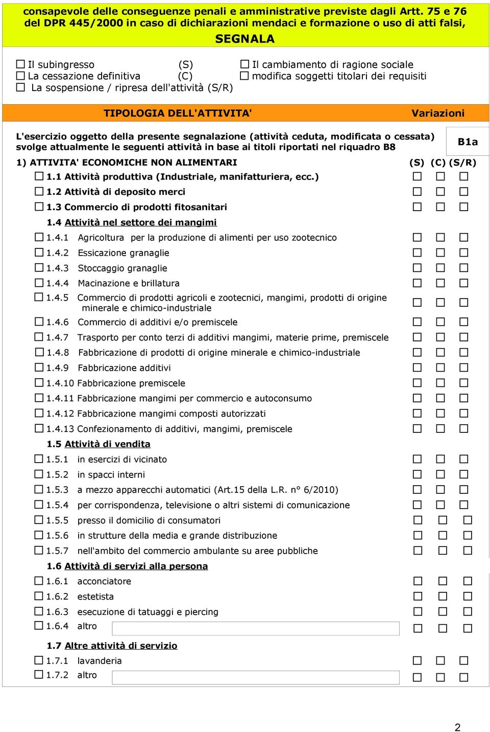 titolari dei requisiti La sospensione / ripresa l'attività (S/R) TIPOLOGIA DELL'ATTIVITA' Variazioni L'esercizio oggetto la presente segnalazione (attività ceduta, modificata o cessata) svolge