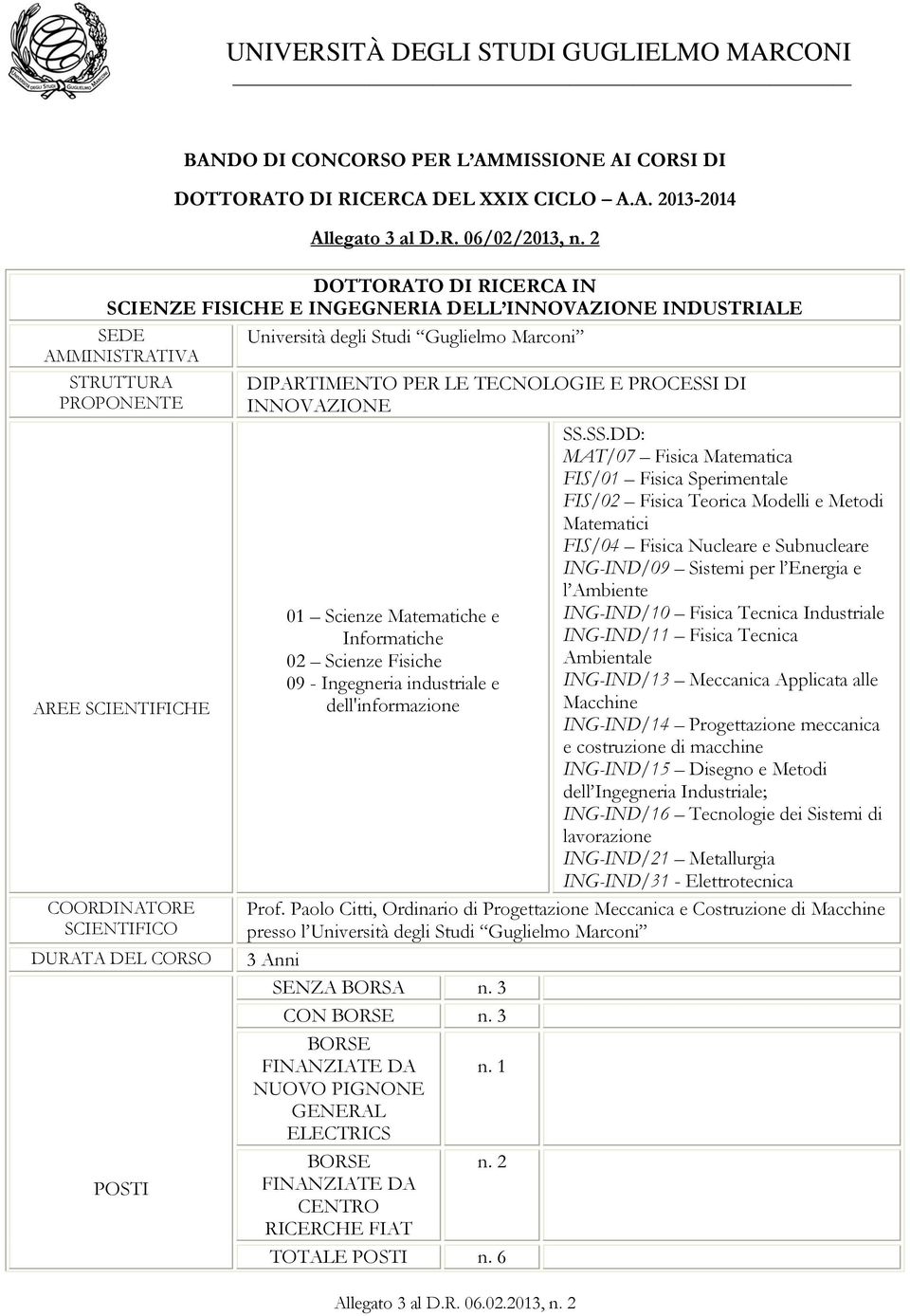 Università degli Studi Guglielmo Marconi DIPARTIMENTO PER LE TECNOLOGIE E PROCESSI DI INNOVAZIONE 01 Scienze Matematiche e Informatiche 02 Scienze Fisiche 09 - Ingegneria industriale e