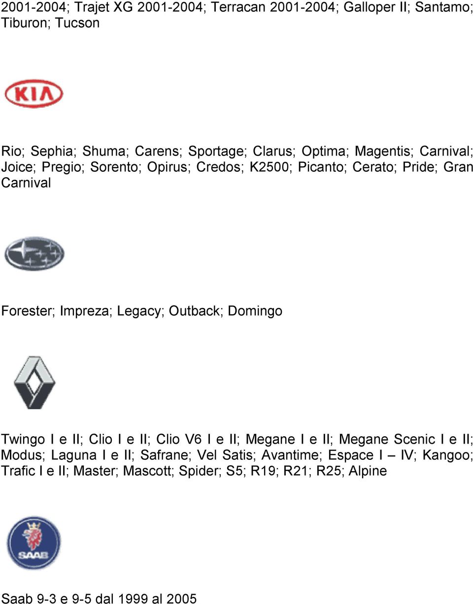 Legacy; Outback; Domingo Twingo I e II; Clio I e II; Clio V6 I e II; Megane I e II; Megane Scenic I e II; Modus; Laguna I e II;